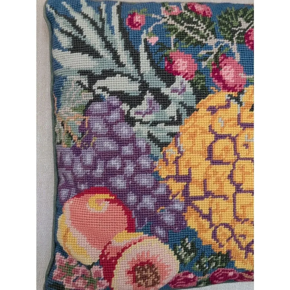 Handmade Fruit Needlepoint Pillow - Blue Background Yellow Pineapple Vintage